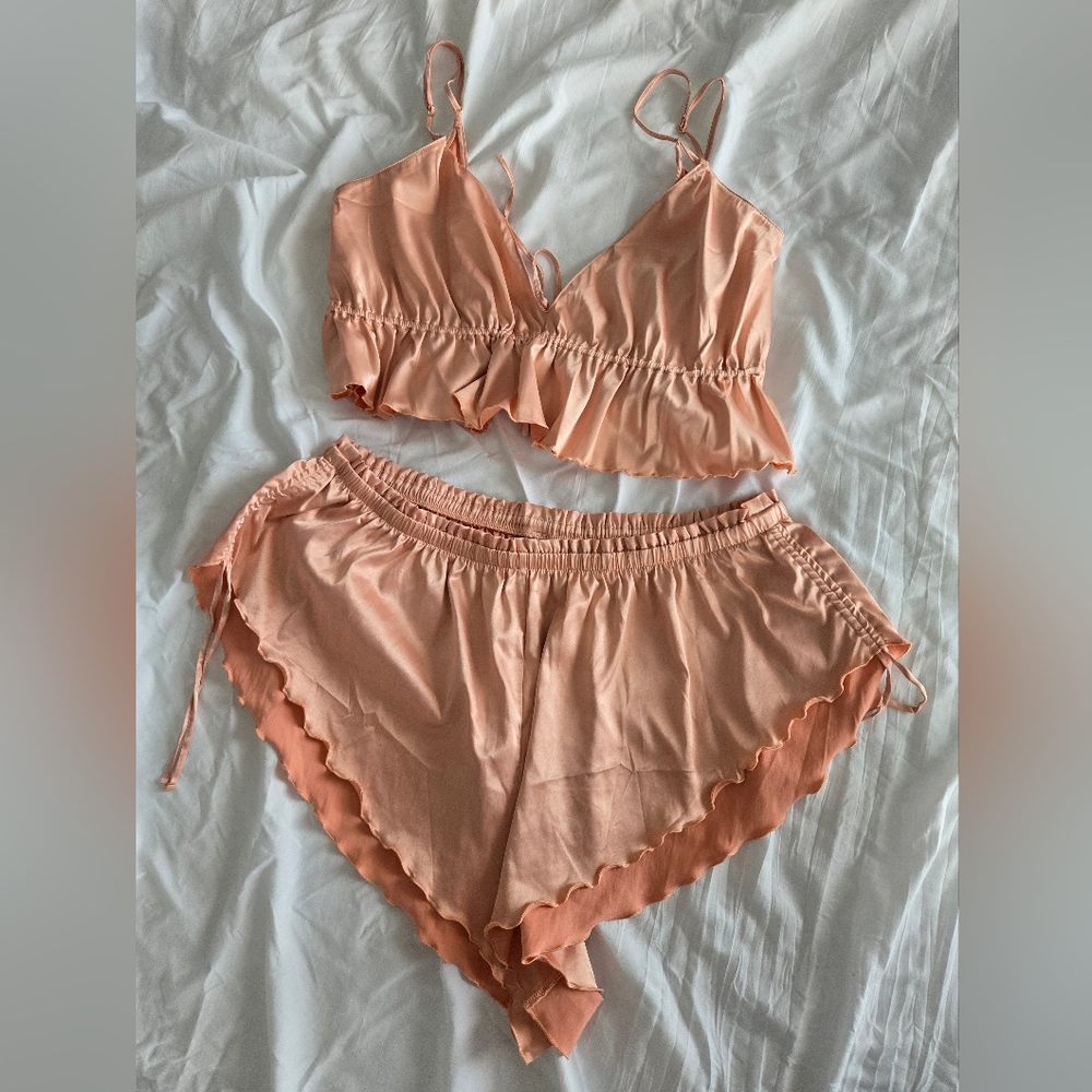 parade pajama lingerie set bundle, ruffle bow peach pink, size large